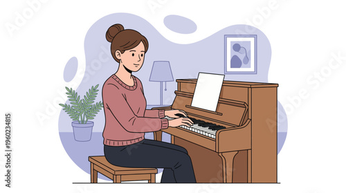 Smiling woman enjoying playing upright piano, practicing music as a relaxing hobby at home in a cozy room with a plant and lamp.