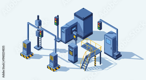 Isometric Industrial Traffic Control System Illustration.
