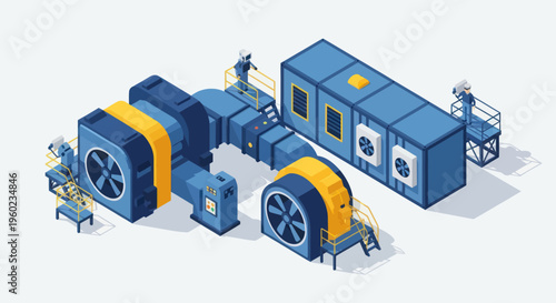 Isometric Industrial Ventilation System with Workers Performing Maintenance.