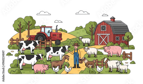 Flat Cartoon Farm Illustration Vector Farmer with Animals Barn Tractor Landscape