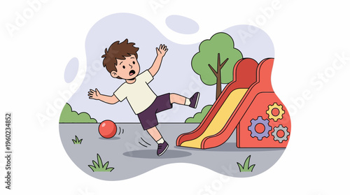 Little Boy Falling Down in Playground Accidentally While Playing with Red Ball, Showing Childhood Safety Concern