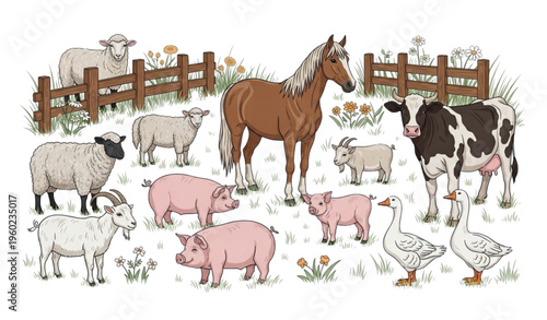 Farm Animals Vector Illustration Sheep Horse Cow Pig Goat Geese Pastoral Scene