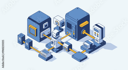 Isometric Network Infrastructure with Servers and Connected Devices.