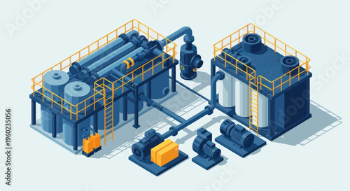 Isometric Industrial Water Treatment Plant with Filtration System.