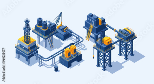 Isometric offshore oil rig platform with drilling equipment.