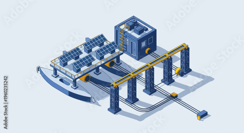 Isometric Solar Power Plant with Energy Storage and Distribution Network.