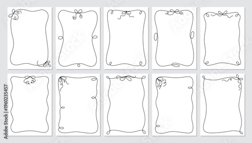 Coquette ribbon border on white card. Romantic wedding frame as cute bow outline. Wavy hand drawn doodle line decor for love invitation and social media post, vintage black element set and template