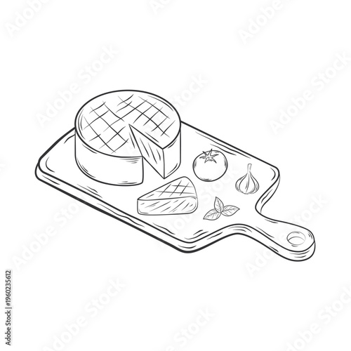 Artisanal cheese platter on wooden board with fresh tomato and garlic for rustic kitchen menu design