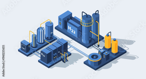 Modern Hydrogen Fuel Production Plant Isometric Illustration.