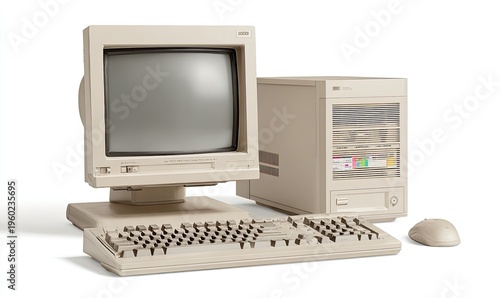 A beige retro desktop computer setup, including monitor, tower, keyboard, and mouse on white