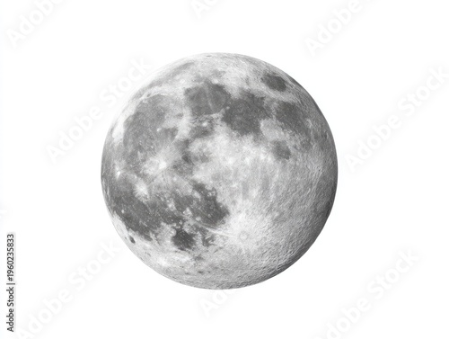 A detailed grayscale image of the moon isolated against a plain white background