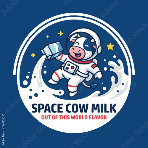 An adorable cow in astronaut gear hilariously floats in space while holding a bottle of milk, illustrating the fun side of imagination and exploration in an outrageous setting.