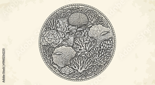 Intricate vintage engraving illustration of a diverse coral reef ecosystem, featuring marine life within a circular design