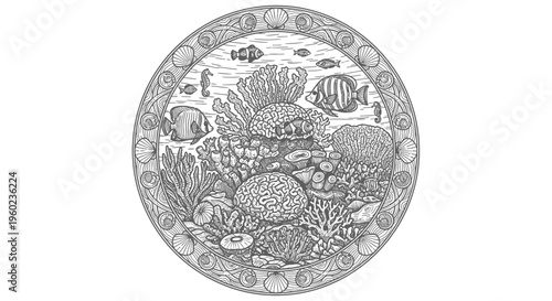 Detailed black and white illustration of a vibrant coral reef ecosystem with diverse marine life including tropical fish and seahorse in circular frame