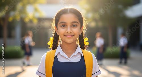 Portrait of a Smiling Young Schoolgirl with Yellow Backpack