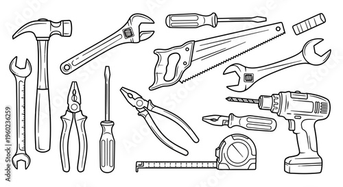Essential hand tools and power tools line art illustration. Collection of hardware equipment for construction, repair, and DIY projects.