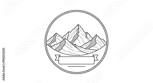 Mountain range circle emblem with blank banner, vintage outdoor adventure badge, nature landscape graphic, hiking travel vector illustration