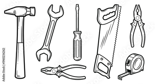 Hand Tools Set Vector Outline Illustration. Hammer, Wrench, Screwdriver, Saw, Pliers, Tape Measure for DIY, Construction & Repair.