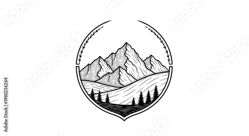 Hand-drawn black and white mountain peaks with pine trees in a rustic circular frame, vintage nature emblem illustration