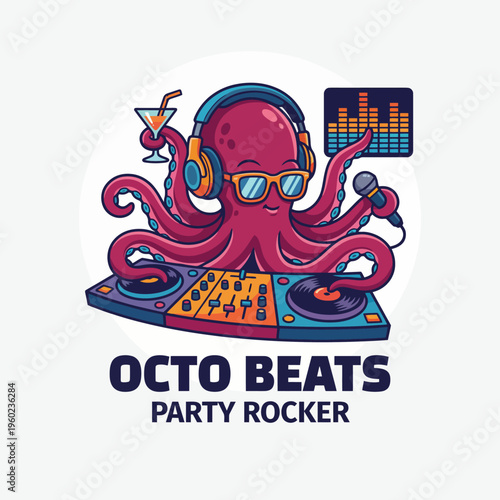 An entertaining illustration of an octopus DJ rocking a party with sunglasses and a microphone, capturing the essence of fun and nightlife.