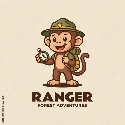 This playful monkey ranger wears a backpack, hat, and holds a compass, embodying joy and curiosity while exploring the great outdoors in a charming and friendly manner.