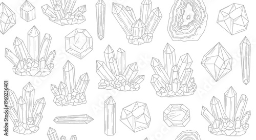 Esoteric crystals and gemstones outline seamless pattern. Hand-drawn mystic minerals, quartz clusters, and geode vector illustration.