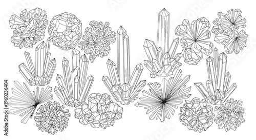 Detailed geometric crystal formations line art vector illustration set. Abstract outline minerals for science, magic, and design.