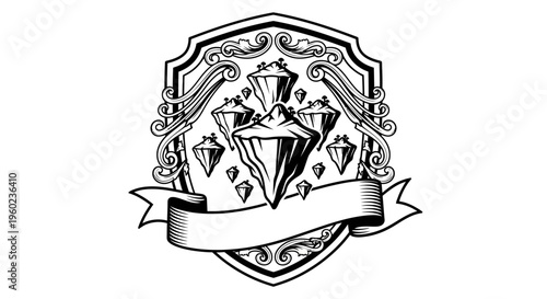 Ornate fantasy shield emblem with mystical floating rock formations and blank scroll banner. Hand drawn black and white vector illustration.