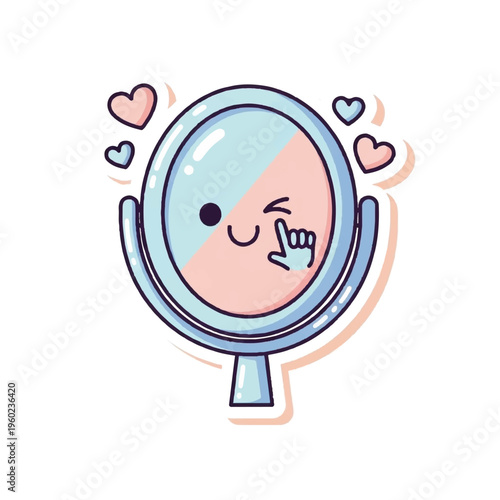 A cartoon illustration of a smiling face in a makeup mirror with hearts around it, winking and touching its cheek with a finger. Perfect for beauty, skincare, and advertising materials.