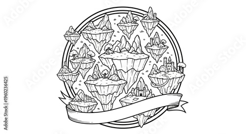 Hand Drawn Fantasy Floating Islands Illustration in Circular Frame with Banner, Mythical Dreamscape Black and White Outline Art