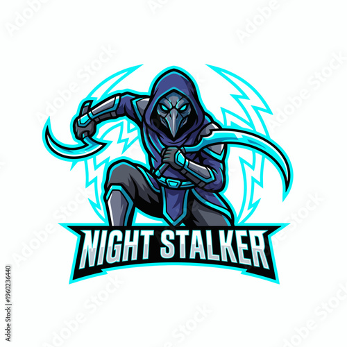 An enigmatic figure in a dark cloak, poised to strike, embodying stealth and danger, with electric accents that highlight the dynamic action of this striking artwork.