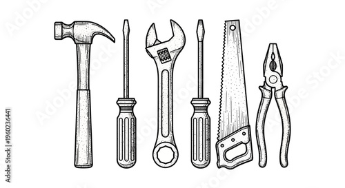 Classic Hand Tools Set Engraved Illustration. Vintage style hammer, screwdrivers, wrench, saw, pliers for DIY, repair & construction.