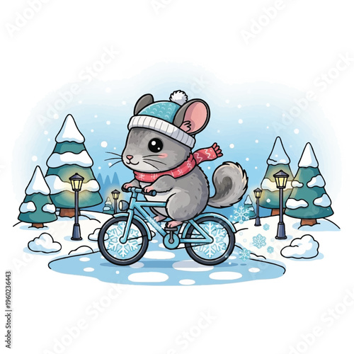 A cartoon chinchilla wearing a blue hat and red scarf rides a blue bicycle through a snowy forest with pine trees. Perfect for children's books, winter greetings, and holiday cards.