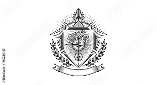 Ornate vintage crest emblem with compass rose, mechanical gears, and laurel wreath. Steampunk navigation graphic.