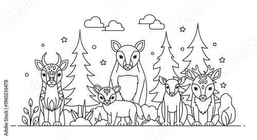 Stylized deer and fawns in a magical winter forest. Geometric line art illustration for coloring books, featuring mythical woodland creatures.