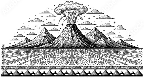Detailed linocut illustration of a dramatic volcano eruption with smoke, mountains, and stylized geological patterns in black and white.