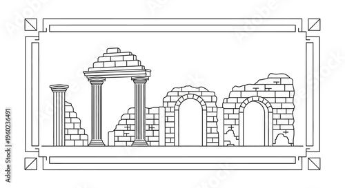 Linear Illustration of Historic Ancient Ruins with Classical Columns, Arches, and Decorative Frame in Outline Art Style