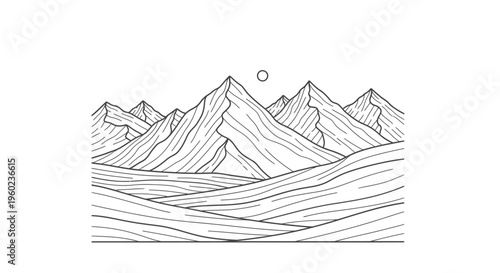Minimalist Line Art Illustration of Majestic Mountain Peaks and Rolling Hills. Abstract Black and White Nature Landscape Design Element.