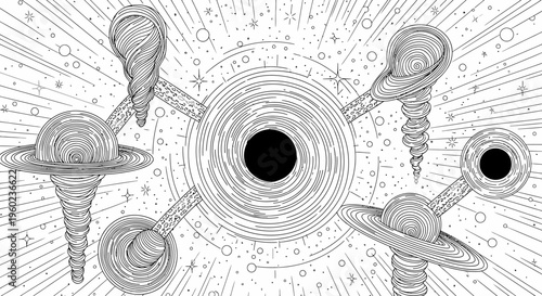 Complex abstract line art illustration of a cosmic network of interconnected black holes, gravitational forces, and swirling galaxies in space.