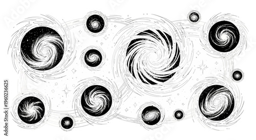 Abstract monochrome illustration of swirling cosmic energy, spiral galaxies, and celestial phenomena in deep space. Science concept.