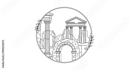 Ancient Roman Greek ruins illustration in circular frame. Classical antiquity architecture, historical monument, archaeological site line art.