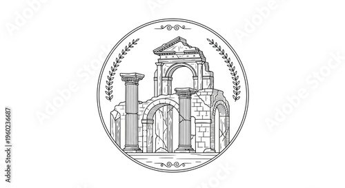 Ancient classical ruins line art illustration, historical architectural landmark vector drawing with columns, arches, and decorative frame.