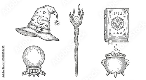 Engraved vintage magic and witchcraft items set: wizard hat, crystal ball, spell book, staff, cauldron. Fantasy illustration.