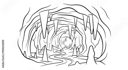 Black and white line art illustration of a natural cave interior with striking stalactites, stalagmites, and a winding underground path
