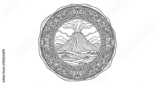 Detailed black and white line art illustration of an erupting volcano with smoke and fields within an ornate circular decorative frame