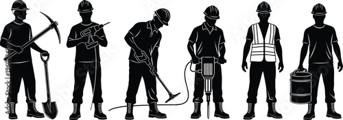 Silhouette construction workers with tools including pickaxe, drill, jackhammer, and barrel, wearing safety helmets and vests, representing industrial labor, teamwork, and building site activities