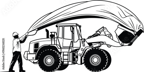 Silhouette illustration of construction worker covering heavy front‑end loader with protective tarp, symbolizing machinery maintenance, safety, industry, equipment protection, and b