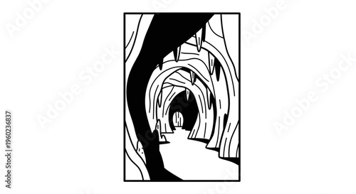 Striking black and white illustration of a mysterious natural cave with intricate stalactite and stalagmite formations along a winding path.