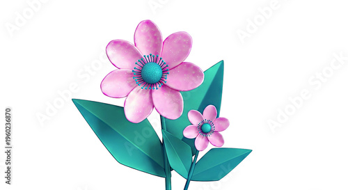 Pink and Blue Stylized Flowers on White Background