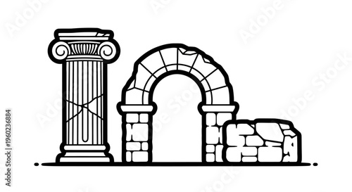 Ancient Architectural Ruins Vector Set: Classical Column, Stone Archway, and Masonry Blocks. Historical Outline Illustration.